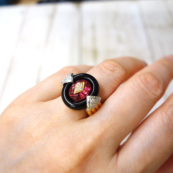 Pink Tourmaline & Onyx Ring | RX00682