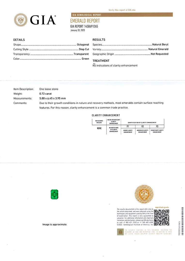 Emerald (non-oil) loose stone<br>0.72ct ｜ TAK0206