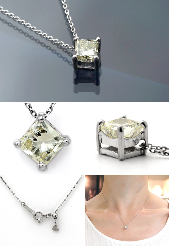 Princess Cut Very Light Yellow Diamond Single Diamond Necklace | OGT1864